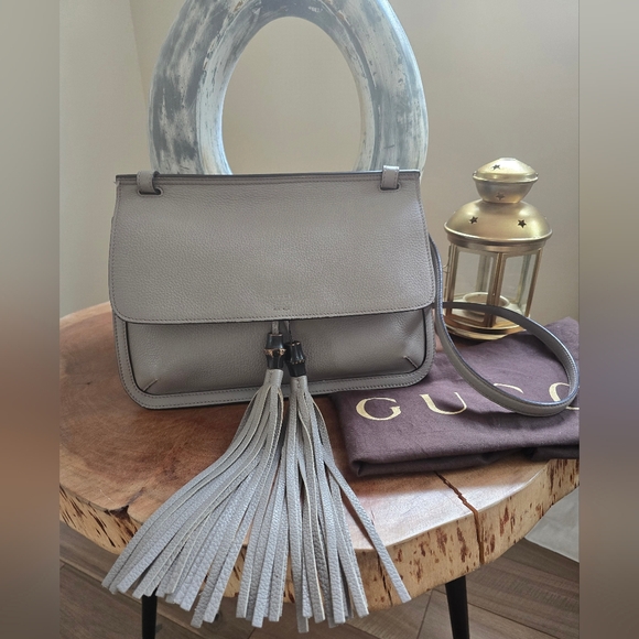 Gucci Cellarius Camelia Leather Medium Gray Bamboo Tassel Crossbody Bag - Picture 1 of 13